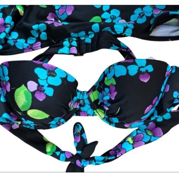 Maidenform Swimwear 2 Piece Bathing Suit Black & Blue Print Large Bottom 34B Top - Picture 2 of 6